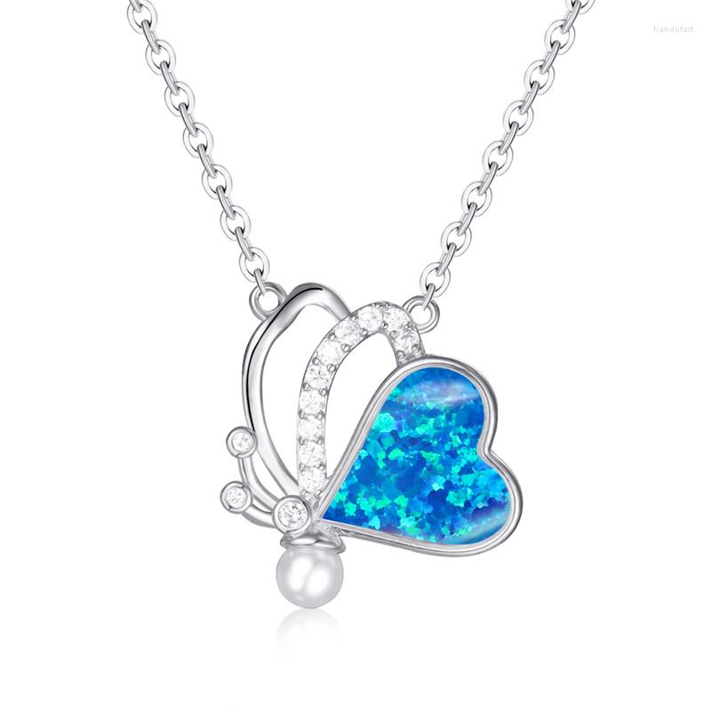 

Pendant Necklaces Love Heart Butterfly Necklace White Blue Opal Pearl Rose Gold Silver Color Chain For Women Accessory