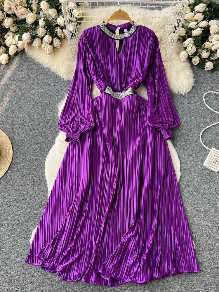

Casual Dresses Fashion Designer Shinny Beading Peated Dress Women's Stand Collar Lantern Sleeve Elastic Waist Long Party Prom Vestidos, Gray