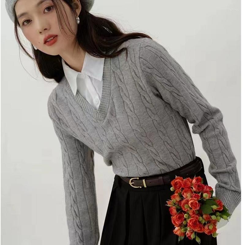 

Women's Sweaters Korean Women Knit Sweater College Style Shirt Collar Stitching Twist Fake Two-piece Tops, Black