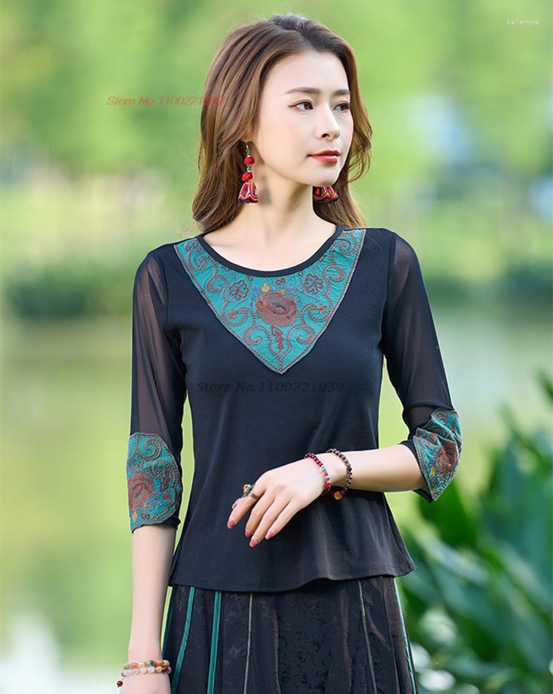 

Ethnic Clothing 2023 Chinese Traditional O-neck Shirt Improved Hanfu Tops National Flower Embroidery Mesh Shirts Oriental Retro Base
