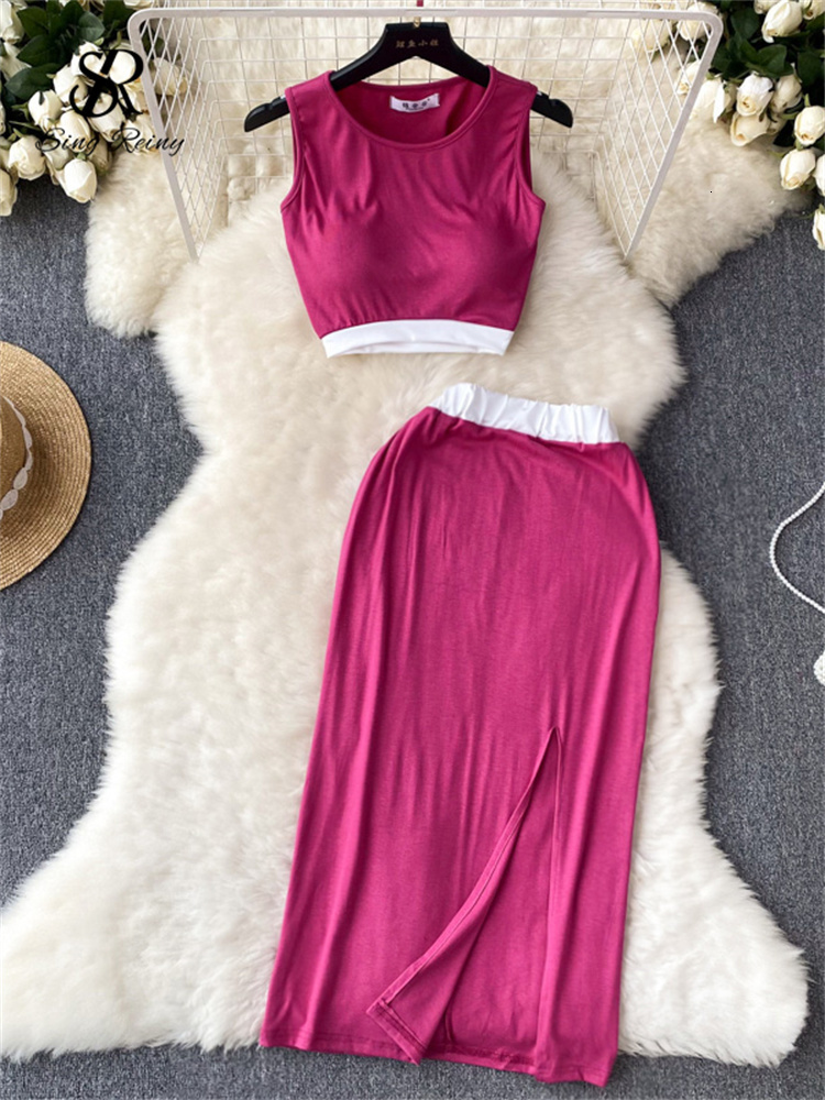 

Two Piece Dress SINGREINY Summer Casual Pieces Suits Women O Neck Sleeveless Short Tank TopLong Split Skirt Fashion Korean Style Beach Sets 230512, Purple