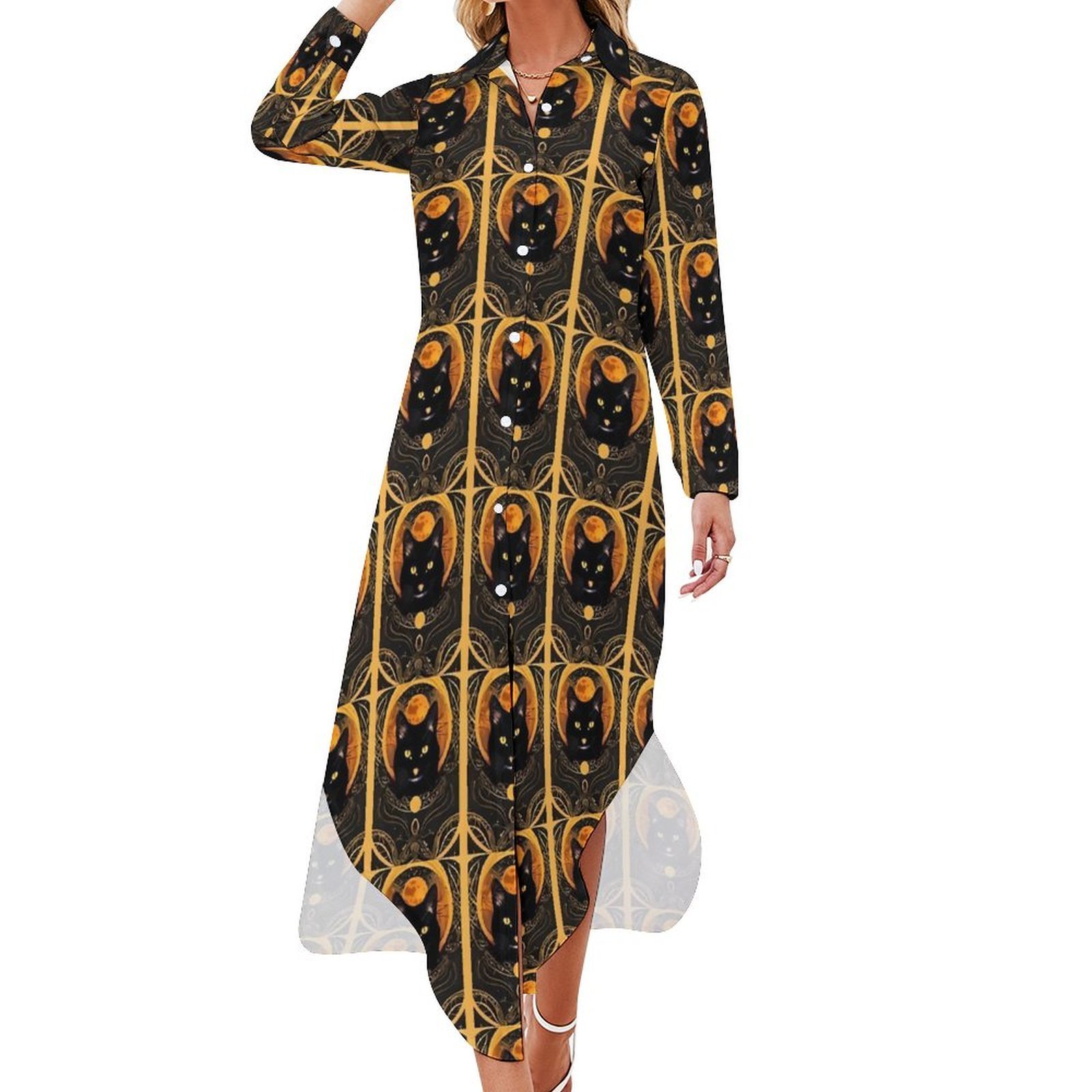 

Casual Dresses Tarot Card Print Vintage Black Cat Street Wear Long Sleeve Beach V Neck Graphic Oversized Chiffon 230512, Style-6