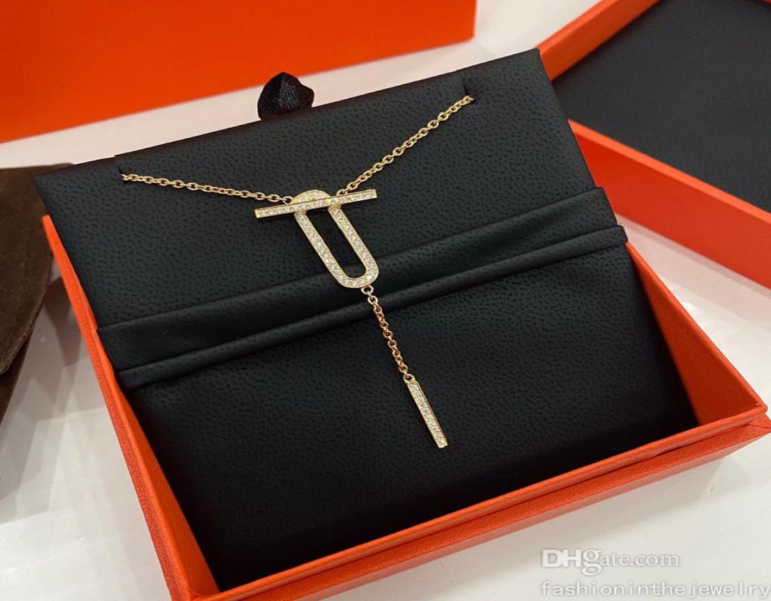 

Necklace Designer Jewelry Luxury wedding gift Platinum Rose gold diamond pendant necklaces and bracelet set long chain whole n9451082