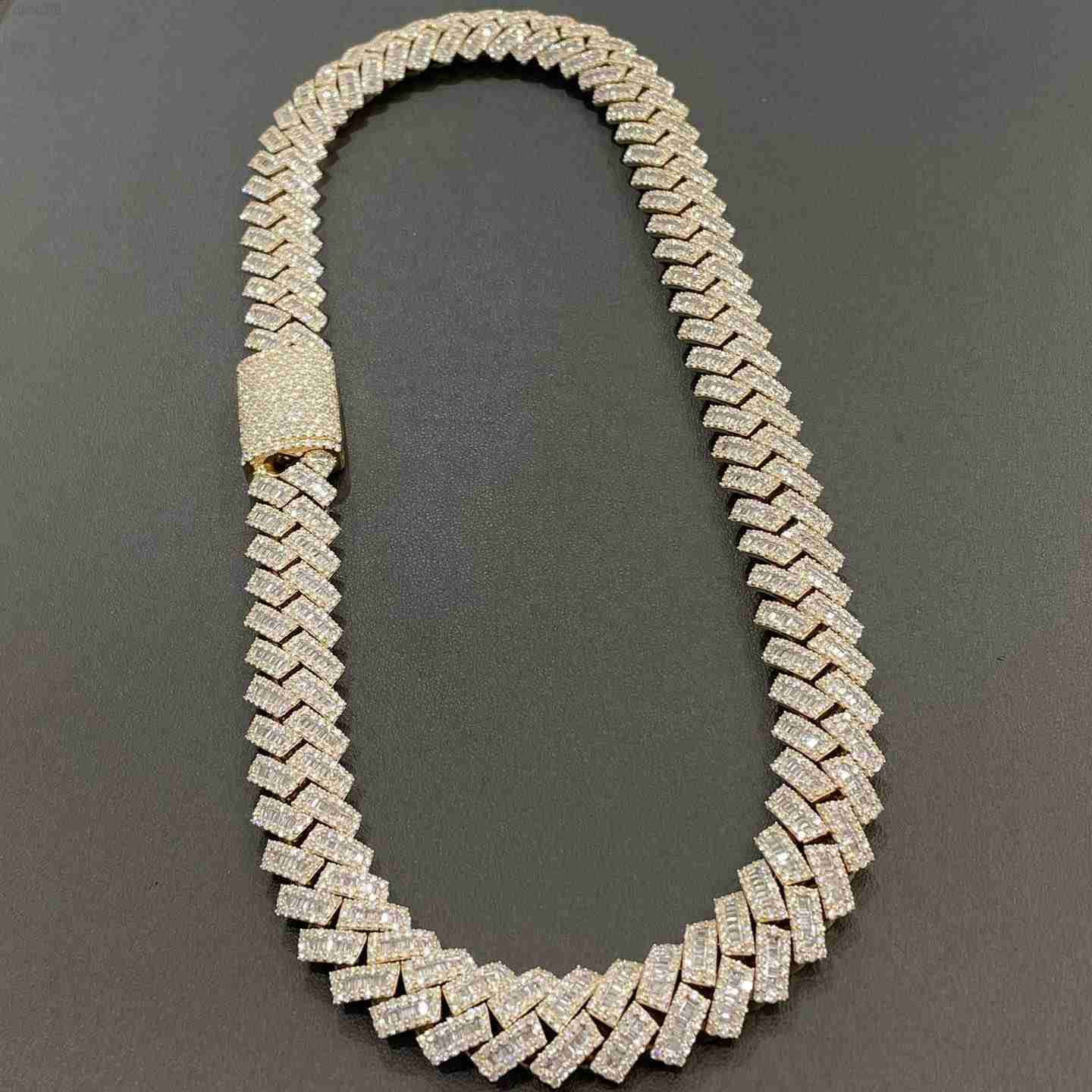 

New Arrival Yellow Gold 18mm 20mm Prong Baguette Diamond Necklace 18k Gold Plated Silver Iced Out Cuban Link Chain for Men