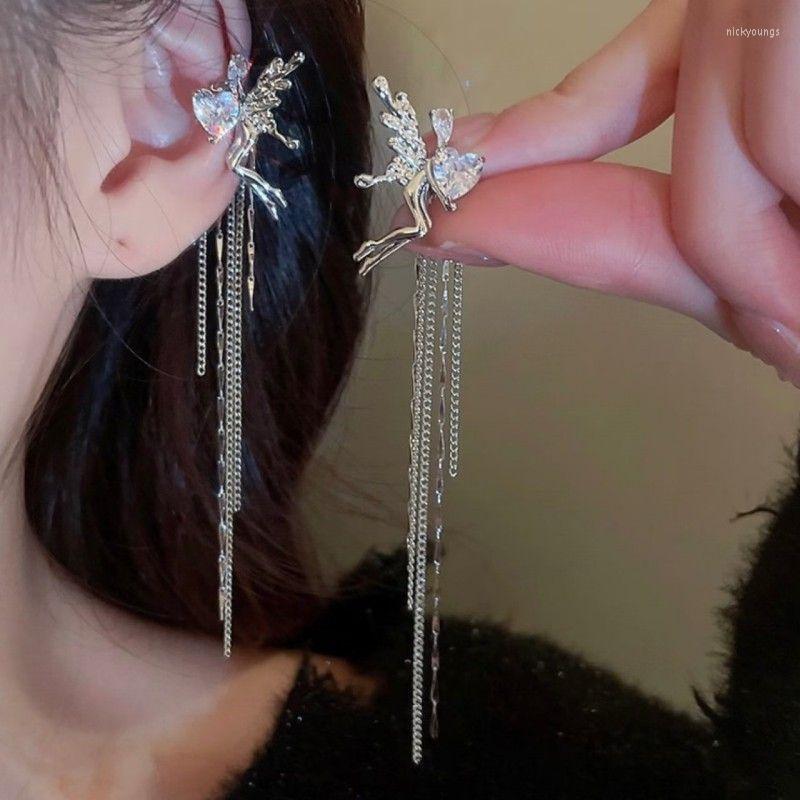 

Backs Earrings Fashion Women's Angel Wing Silver Plated Crystal Chain Drop Dangle Ear Stud Clip Alloy Jewelry Party Earring Gothic Gift