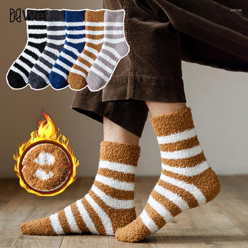

Men's Socks 1 Pair Thick Mens Thermal Winter Warm Striped Coral Fleece Fluffy Solid Color Sleep Male Bed, Black