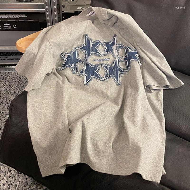 

Men' T Shirts American Retro High Street T-shirt For Men Designer Star Patch Graphic Tees Y2k Streetwear Cotton Loose Couple Half Sleeve, Black