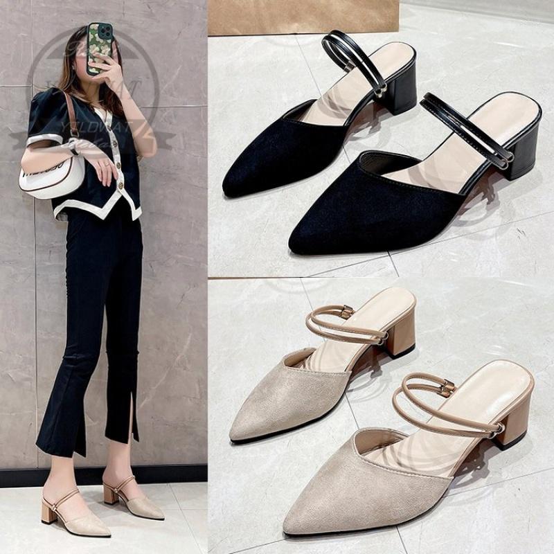 

Slippers 6cm Square Heels Slides Pointed Toe Breathable Fabric Sandals And Universal Women Outside Mujer Elegant Shoes, Beige white