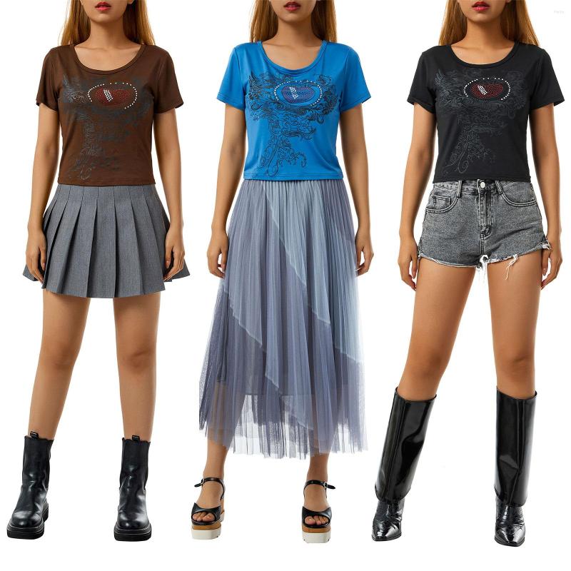 

Women' T Shirts Women Summer Casual T-Shirt Short Sleeve Round Neck Retro Flower Printed Rhinestone Tops, Black