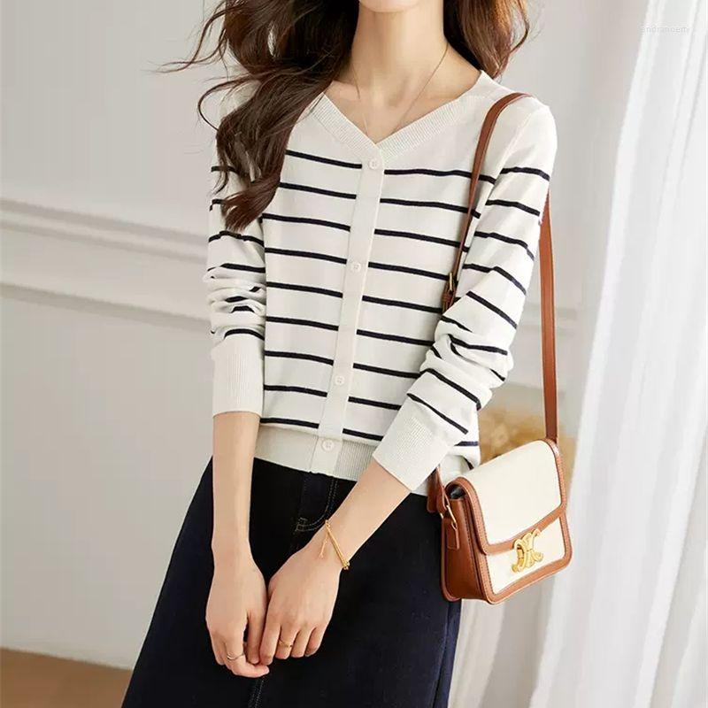 

Women's Knits Limiguyue French Striped Knitwear Women Long Sleeve Knit Cardigans Casual Autumn Slim Tops Elegant Office Lady Sweater, Green