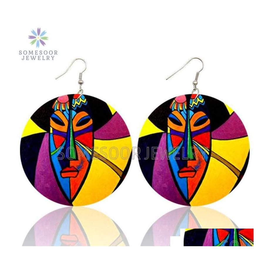 

Dangle Chandelier Earrings African Ethnic Black Queen Wooden Drop Both Sides Printed Bohemian Afro Loops Jewelry For Women Dhgarde Dhj2F