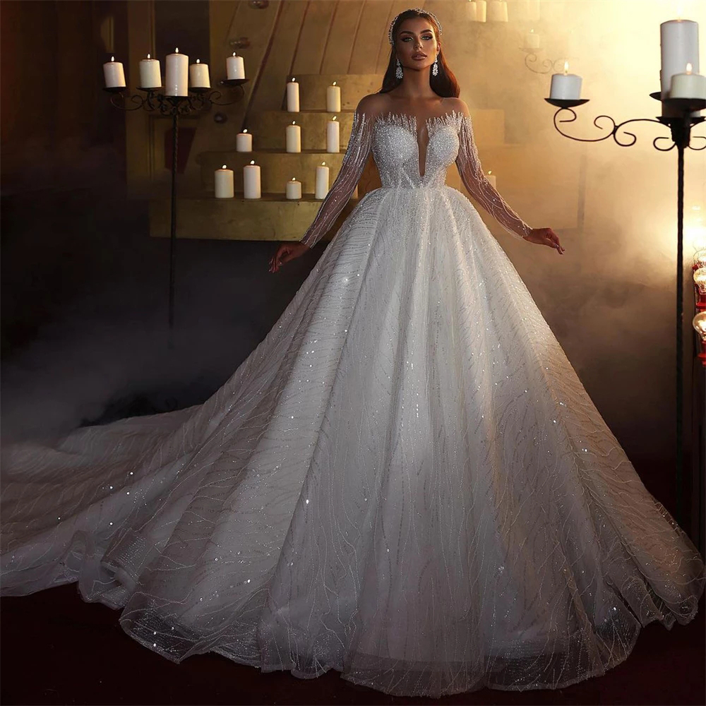 

Elegant Ball Gown Wedding Dresses Long Sleeves V Neck Sequins Applique Ruffles Bridal Gowns Beads 3D Lace Layered Formal Plus Size Custom Made Vestido de novia, Ivory