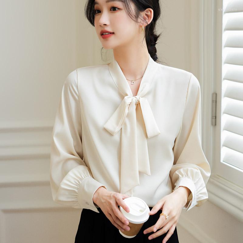 

Women' Blouses Elegant Office Ladies Shirt Korean Style Womans Blouse Spring Summer Long Sleeve Solid Color Satin Shirts Tops Blusa Mujer, Champagne