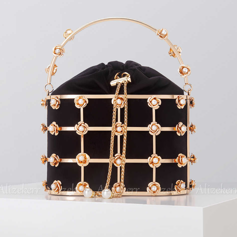 

Tote Metal Cage Evening Clutch Bags Bridal Luxury Hollow Out Velvet Metallic Flower Pearl Purses and Handbags Wedding Party 230509, Black