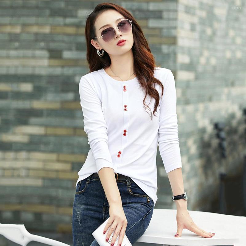 

Women's T Shirts Women Cotton T-shirt Spring Summer Fashion Classic O-Neck Long Sleeve Slim Chic Button Decorated Basic, Black