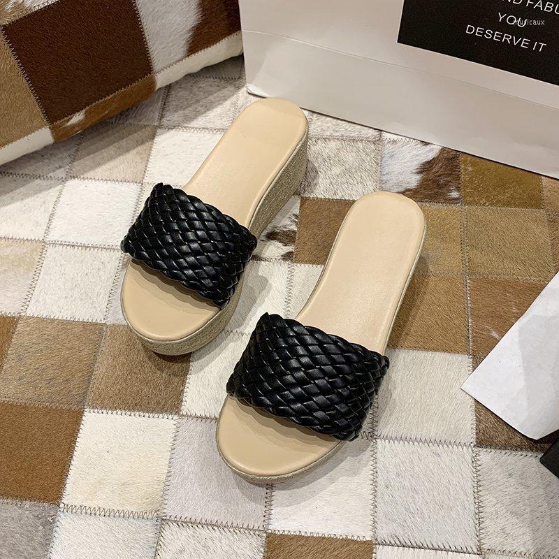 

Slippers Summer Fashion Round Head Knitted Open Toe Solid Color Net Infrared Wearing Comfortable Thick Sole Shoes For Women, Beige