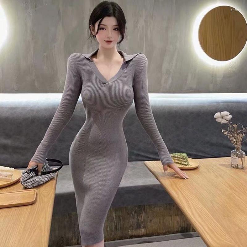 

Casual Dresses Sweater Knitted Skinny High Quality Solid V-Neck Elegance Autumn Winter Korean Long Party Dress Sleeve Wrap