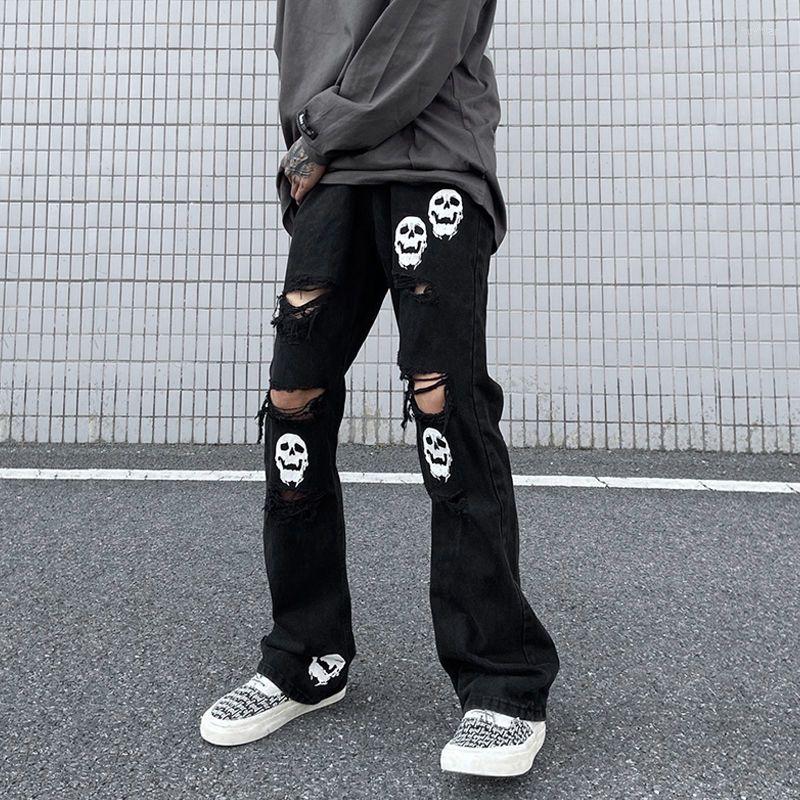 

Men' Jeans American Vintage Men Skinny Ripped Y2k Street Fashion Skull Print Black Women High Waist Straight Cargo Pants Denim