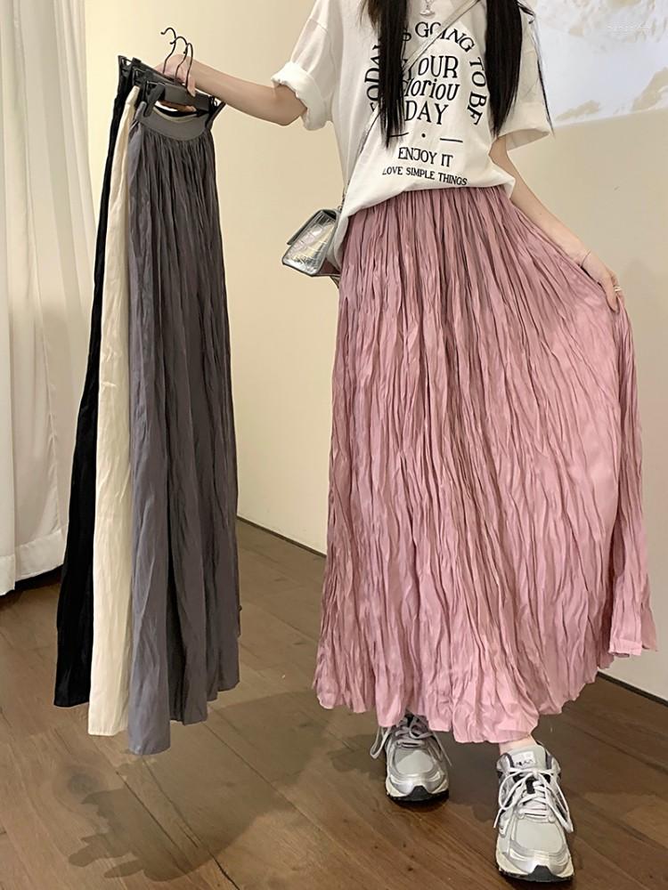 

Skirts 4 Colors 2023 Summer Female Long Women High Elastic Waist Pleated Skirt Solid Color A Line Womens (L7112), Beige