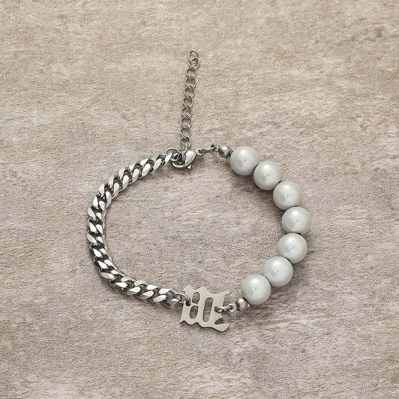 

Charm Bracelets Retro M-letter Bracelet Cuban-chain Pearl Splicing Jewelry