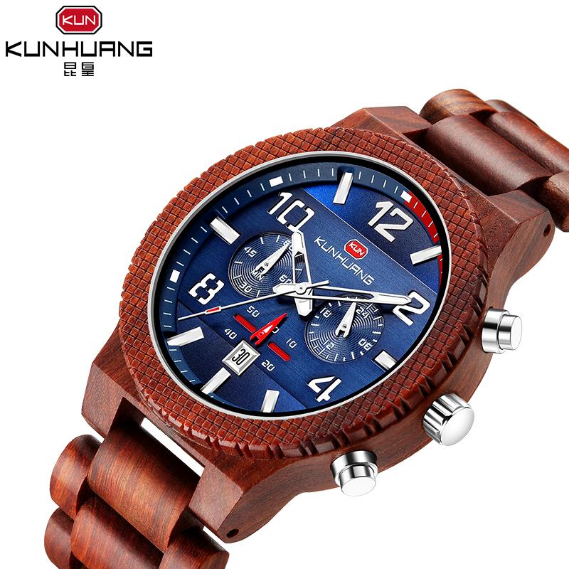 

Wristwatches KUNHUANG Wooden Quartz Wristwatch Men's Sport Watch Business Wood Male Watches Man Bracelet Bangle Husbands Chronograph, 101503