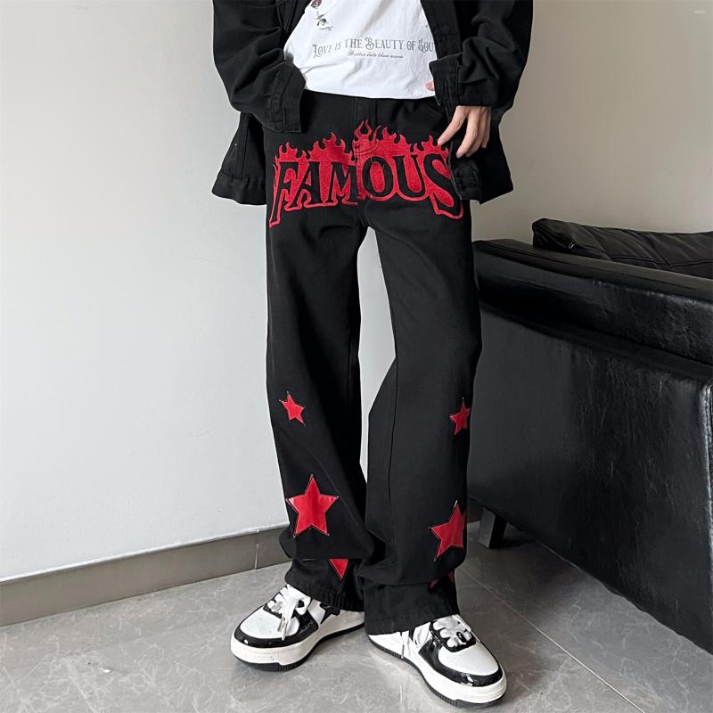 

Men's Jeans HOUZHOU Y2K Men Embroidery Denim Pants Star Red Print Black Trousers Male Streetwear Hip Hop Casual Vintage Plus Size 4XL