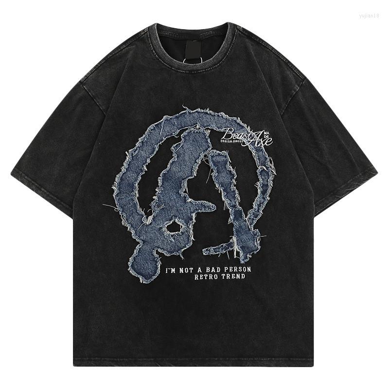 

Men's T Shirts Men's Hi Street Vintage Oversize Hip Hop Shirt With Jeans Patchwork Fashion Loose Fit Y2K Tees Retro Short Sleeve Tops, Black