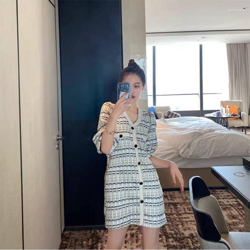 

Party Dresses Sweet Summer Tweed Dress Women Half Sleeve V Neck Single Breasted Elegant Vintage Knitting Striped Short Female, Picture shown
