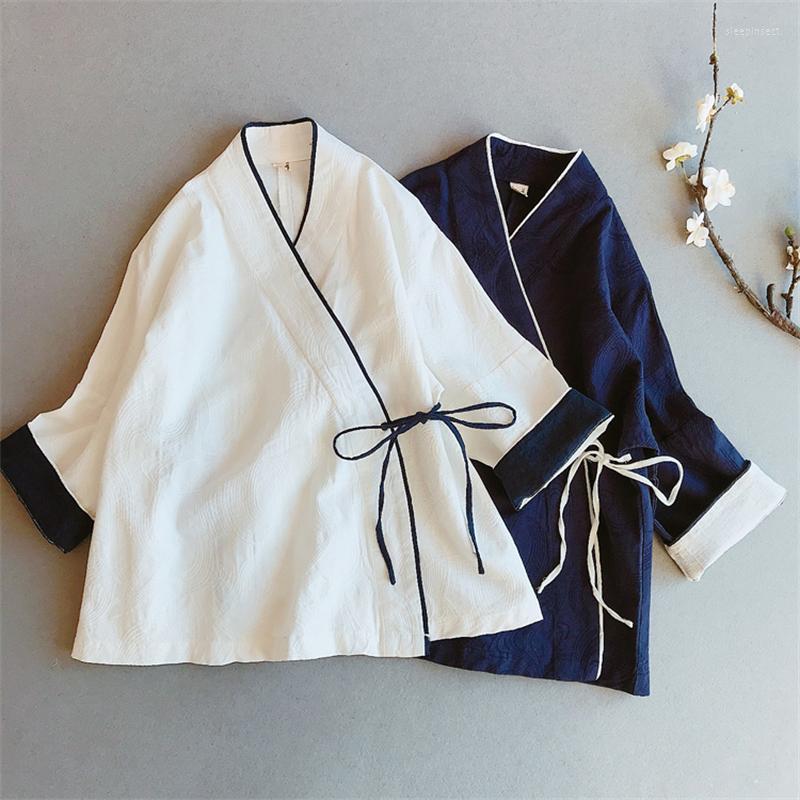 

Women's Blouses Women Premium Cotton Linen Jacquard Shirt Spring Autumn Buddhist Style Contrast Color Patchwork Cross Neck Vintage Cardigan, White