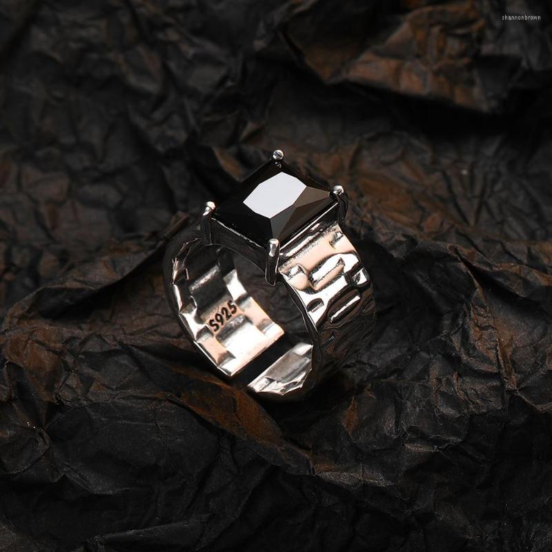 

Wedding Rings Silver Color Black Stone Open Ring For Women Belt Link Couple Vintage Fashion Handmade Jewelry Gift