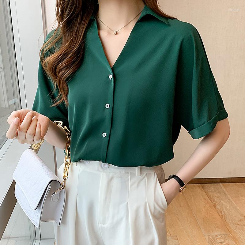 

Women' Blouses Solid Color Office Lady Chiffon Shirts 2023 Spring Summer Short Sleeve Womans Blouse Elegant Tops Blusa Mujer, Green