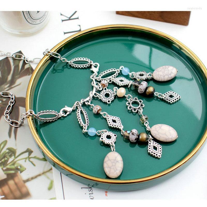 

Choker R022 Fashion Retro Silver Color Crystal Natural Stone Flower Tassel Short Women Nacklace High Quality Nickel Free