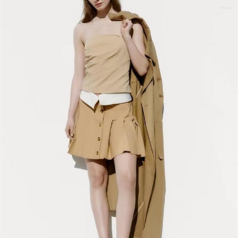 

Skirts COS LRIS Spring And Summer Design Sense Flanging Low Waist Pleated Skirt College Style A Word Short Female 2696203, Camel