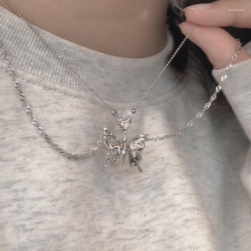 

Pendant Necklaces Vintage Y2K Accessories Aesthetic Butterfly Necklace For Women Hip Hop Kpop Double Chain Heart Girls Jewelry