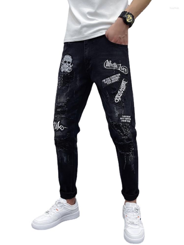 

Men's Jeans Skull Embroidery Ripped Holes Denim Pants Men Zipper Biker Streetwear Slim Fit Y2k Punk Hip Hop Casual Joggers, Black