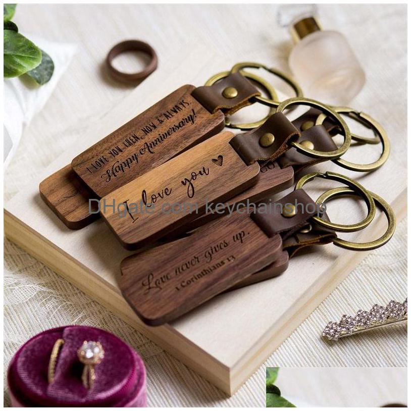 

Key Rings Personalized Leather Keychain Pendant Walnut Carving Keychains Lage Decoration Ring Diy Gift Drop Delivery Jewelry Dh23H