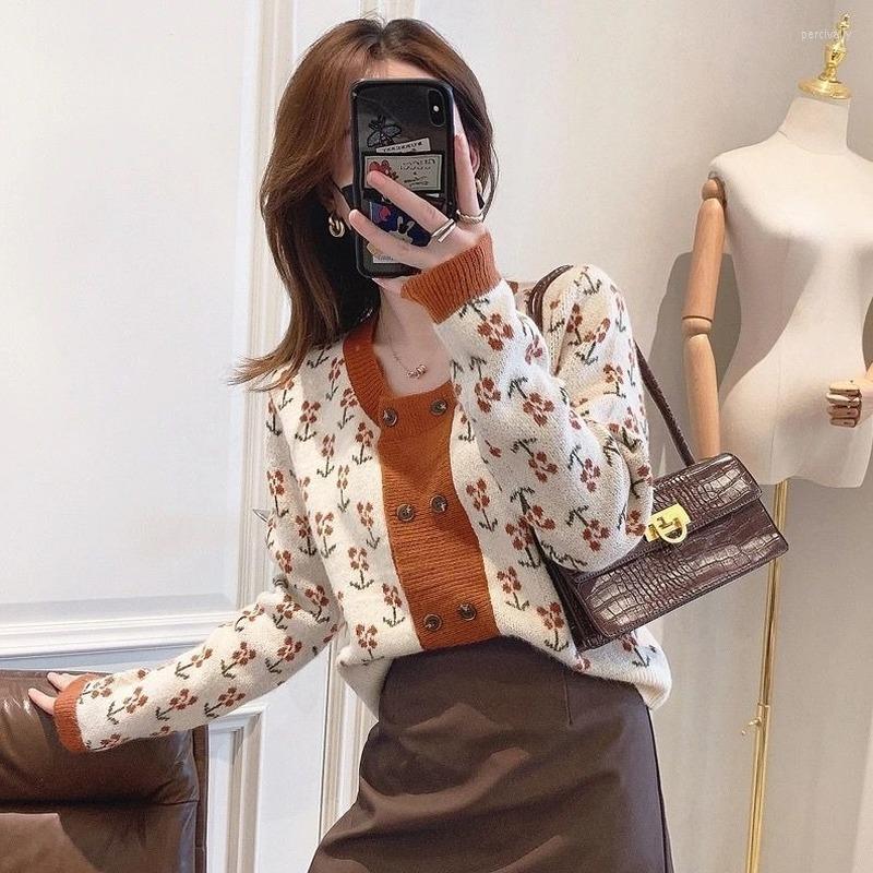 

Women's Knits Sweater Knitted Cardigan Style Women's Korean Fashion Autumn And Winter Double-breasted Print Hit Color Long-sleeved Top, Beige