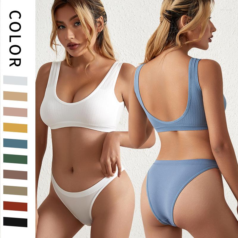 

Bras Sets No Steel Ring Seamless Bra Anti-walking Sexy Backless Girls Underwear Ladies Panties With Pad Push Up Breathable Sports Set, Skin color