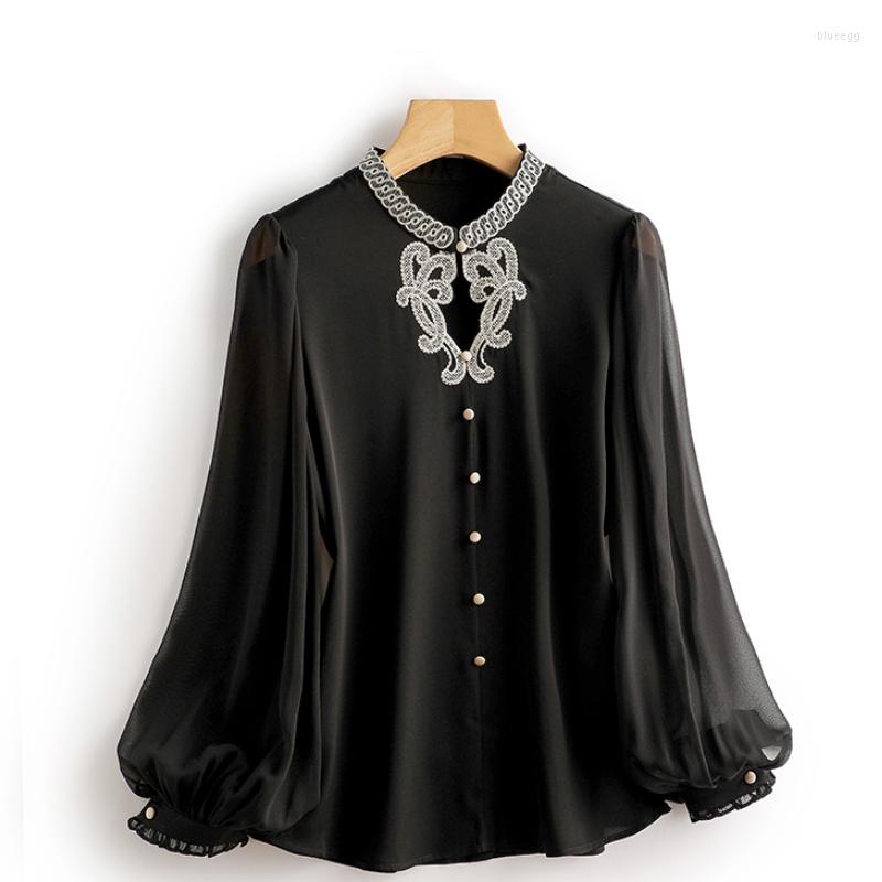 

Women' Blouses Satin Shirt For Women Summer 2023 In Silk Vintage Embroidery Loose Fashionable Top Long Sleeve Black O-Neck Delicate