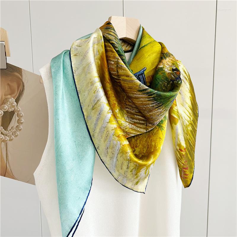 

Scarves Euro Designer Stylish Oil Wheat Field Print Women Silk Shawls Luxuary Brand Large Size Foulard Summer Travel Scarfdress