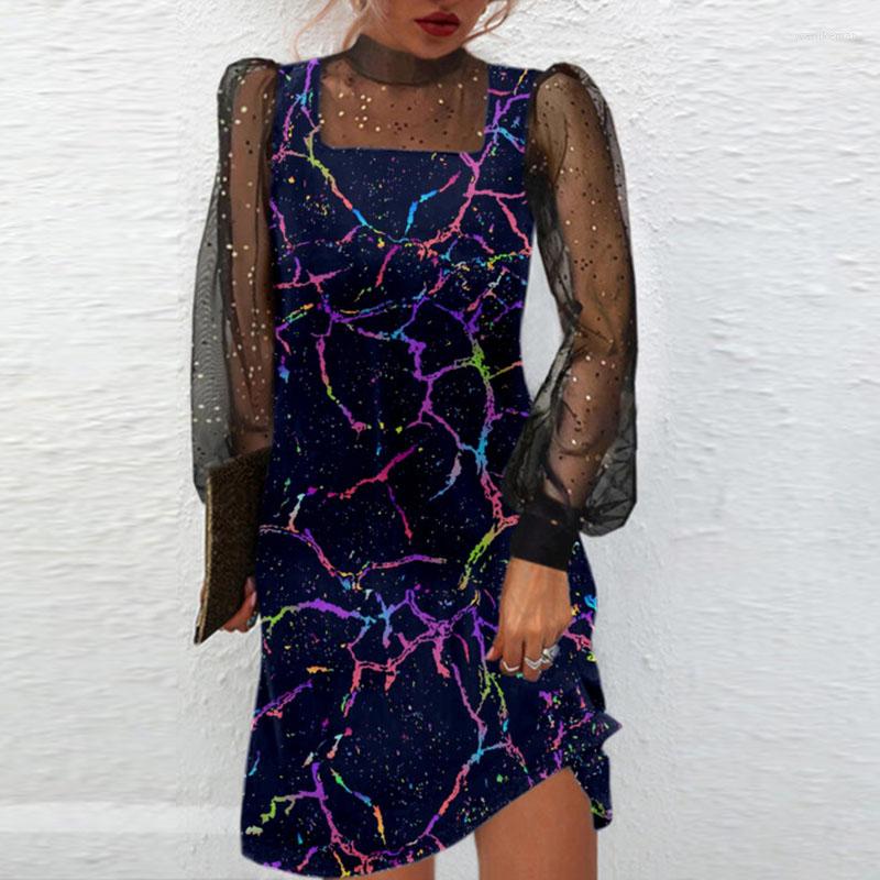 

Casual Dresses Mini Dress Women Sexy Mesh Long Sleeve Female Round Neck Retro Printing Loose Party Autumn A Line Short Vestidos, 05 print