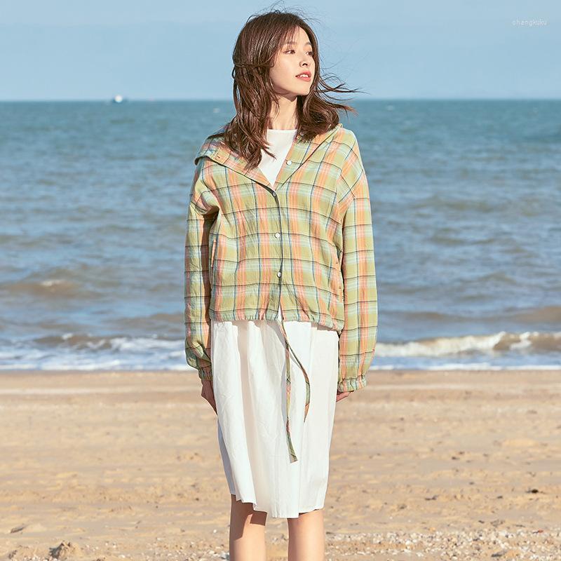 

Women's Jackets 2023 Sunscreen Shirt Female Hooded Cotton Plaid Long Sleeve Loose Blouse Travel Beach Cloak Tops Coat Women Cardigan Clothes