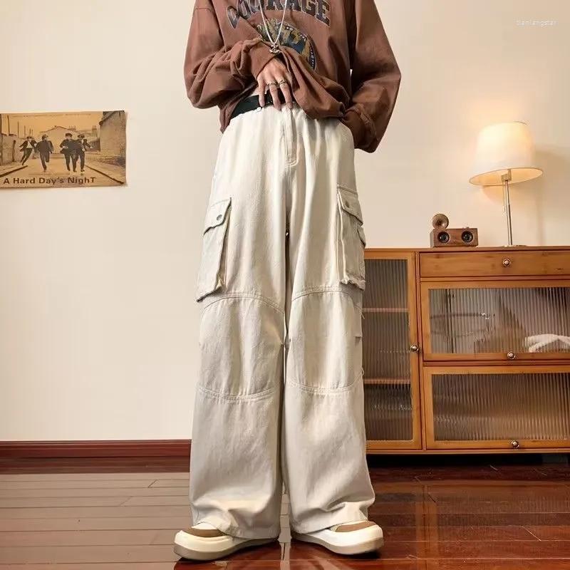 

Men's Jeans Vintage Drawstring 90S Casual Cargo Pants Men Fashion Y2k Streetwear Trousers Overalls Baggy Straight Pantalon Homme Oversized, Beige