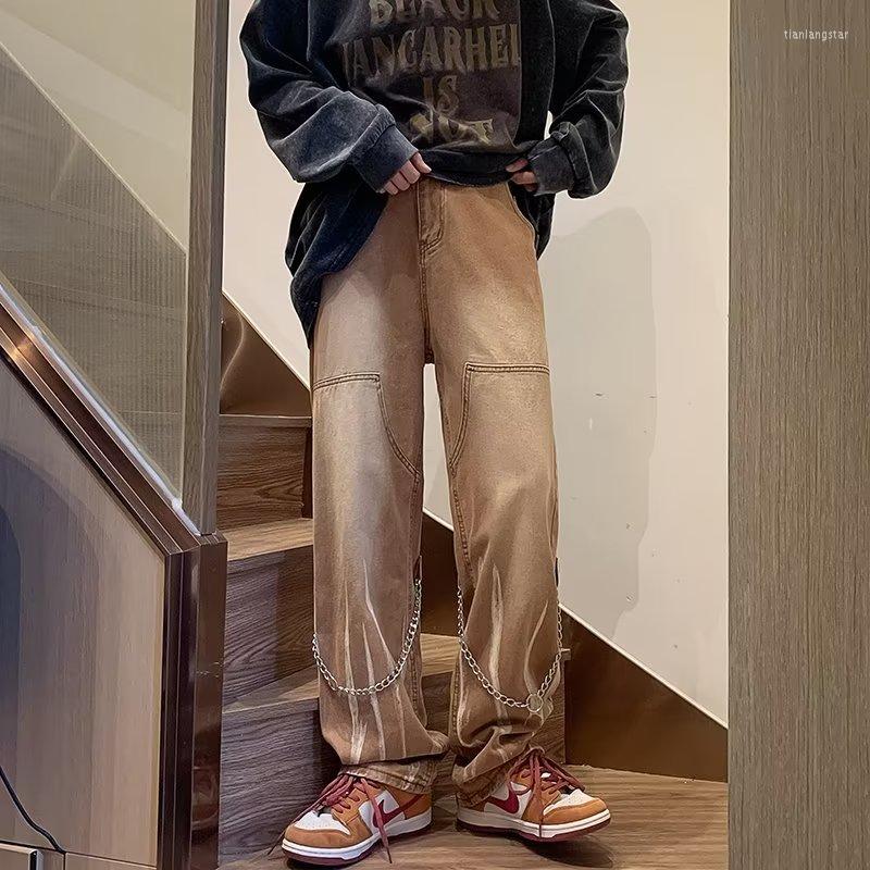 

Men' Jeans 2023 Fashion Chain Vintage Brown Men Baggy Pants Y2K Clothes Straight Hip Hop Tie Dye Denim Trousers Pantalon Homme