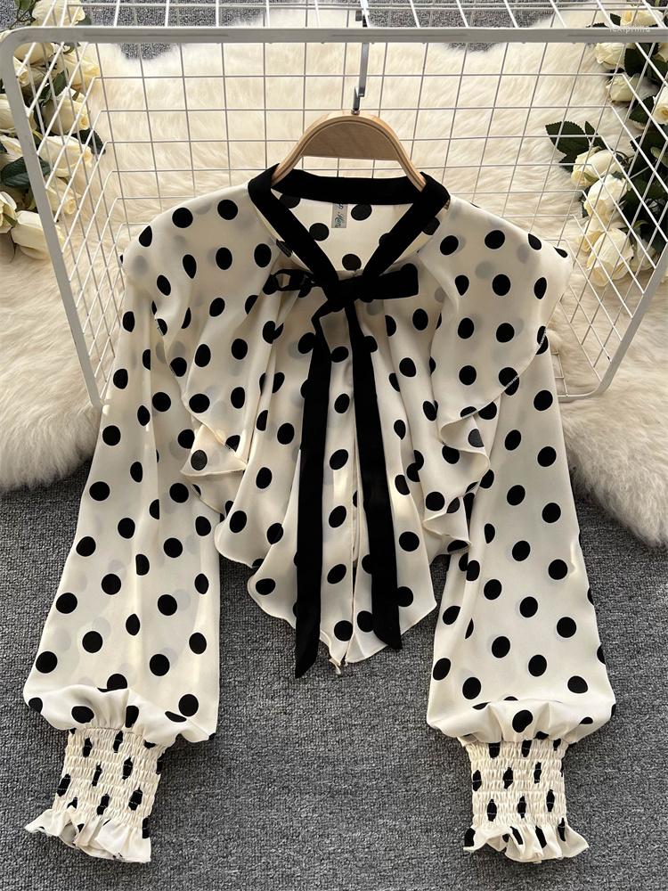 

Women' Blouses Bow Collar French Polka Dot Shirt Women Blouse Design Lotus Leaf Trim Slim Sweet Streamer Chiffon Top Spring, Photo color