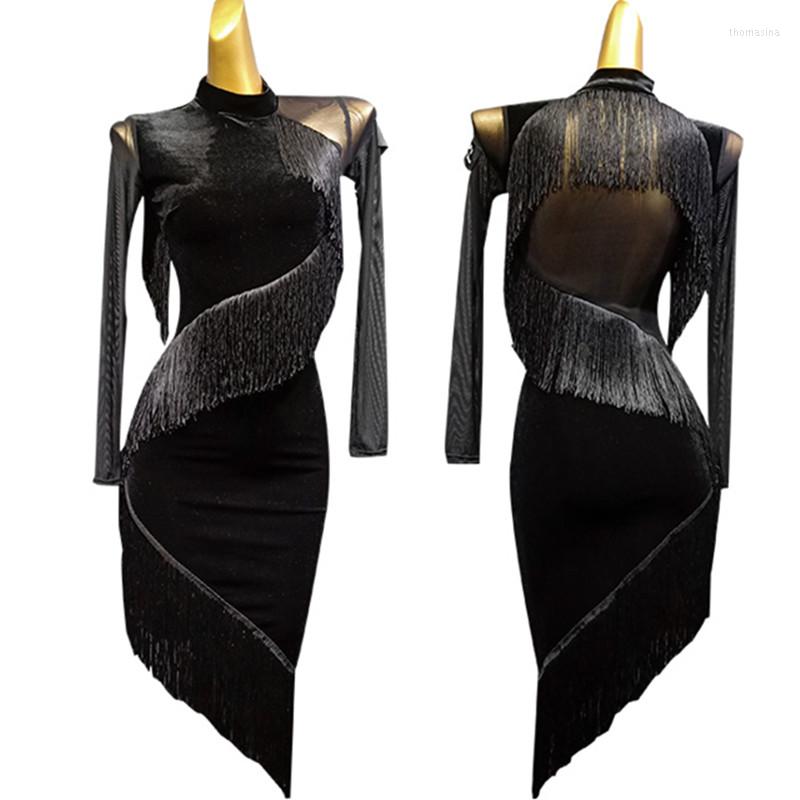 

Stage Wear See Through Back Black Latin Dance Dress Party Costumes Salsa Jazz Modern American