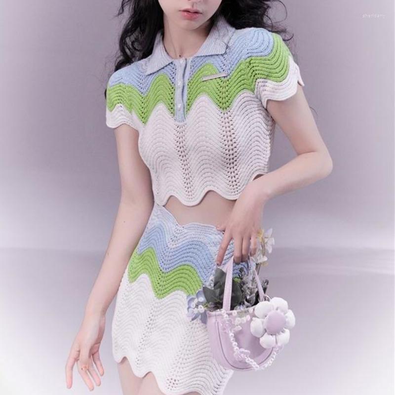 

Work Dresses Knitted Two Piece Set Women Summer Sweet Pullover Crop Top Bodycon Skirt Casual Holiday Hollow Gradient Color Slim Suit, Green