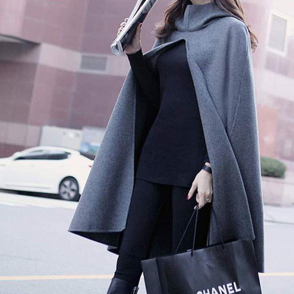 

TPJB New Women Bat Sleeve Mid-long Poncho Coat Autumn Ladies Outerwear Hooded Cape Coat Cloak Shawl Smock Ponchos Abrigos Mujer Invierno, Black