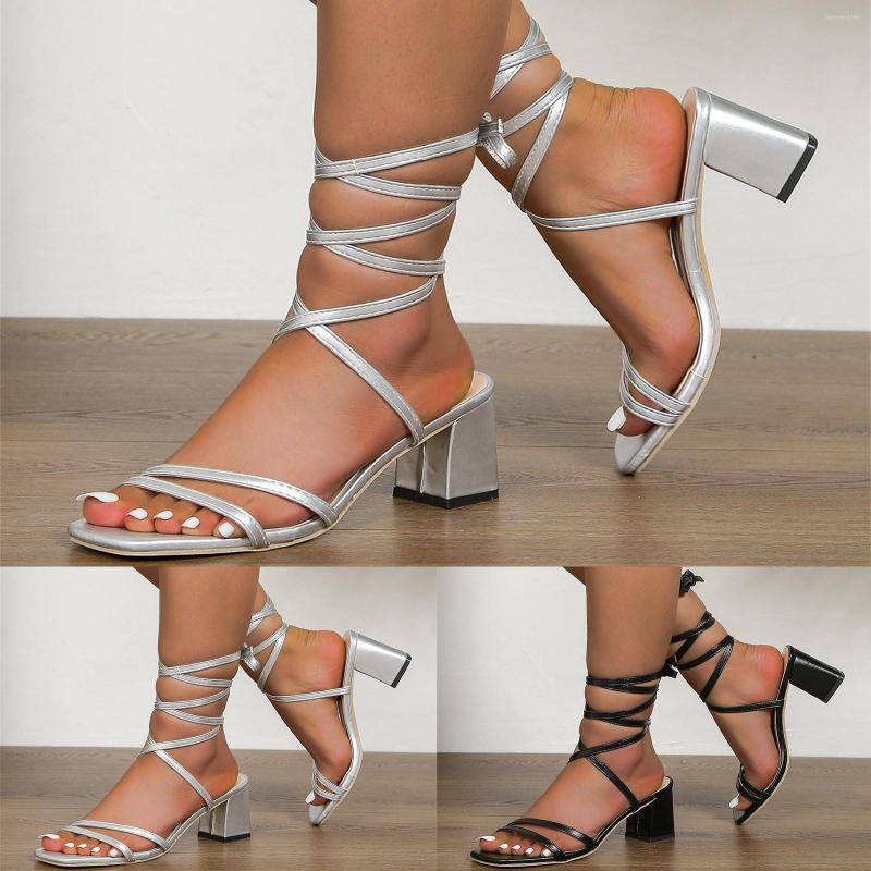 

Sandals Ladies Summer Strappy Solid Colour Square Toe Thick High Heel Elegant Roman Style Large Size, Black