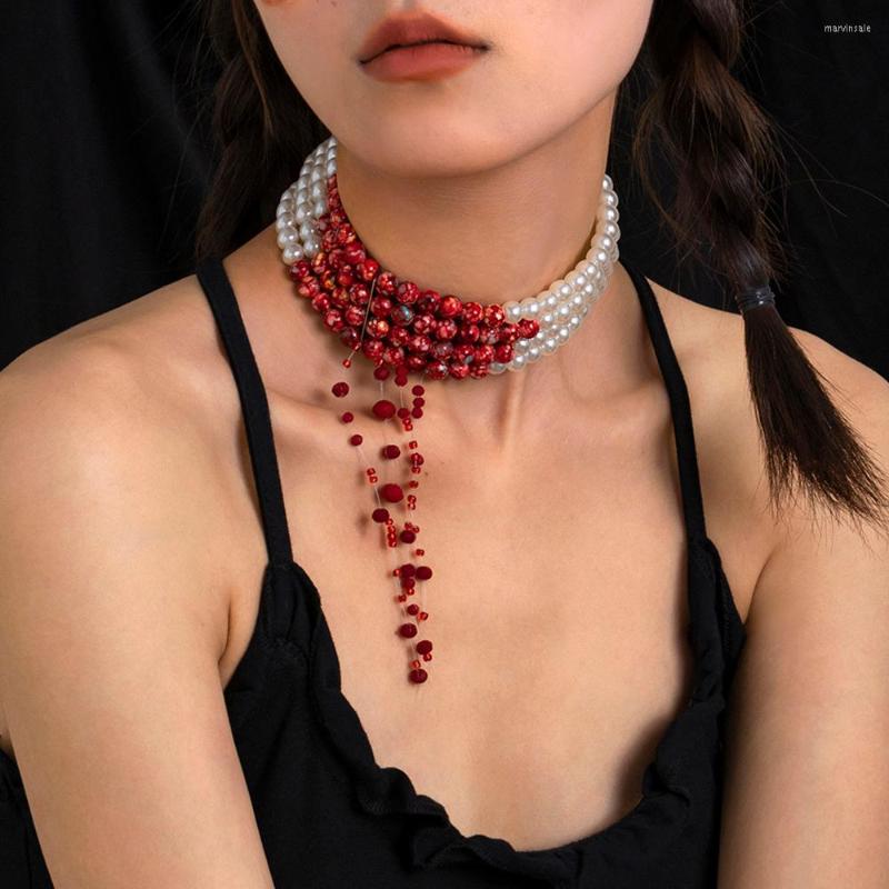 

Pendant Necklaces Lacteo Steampunk Multilayer Pearl Beaded Choker Necklace For Women Jewelry Halloween Gifts Red Acrylic Tassel Neck Chain